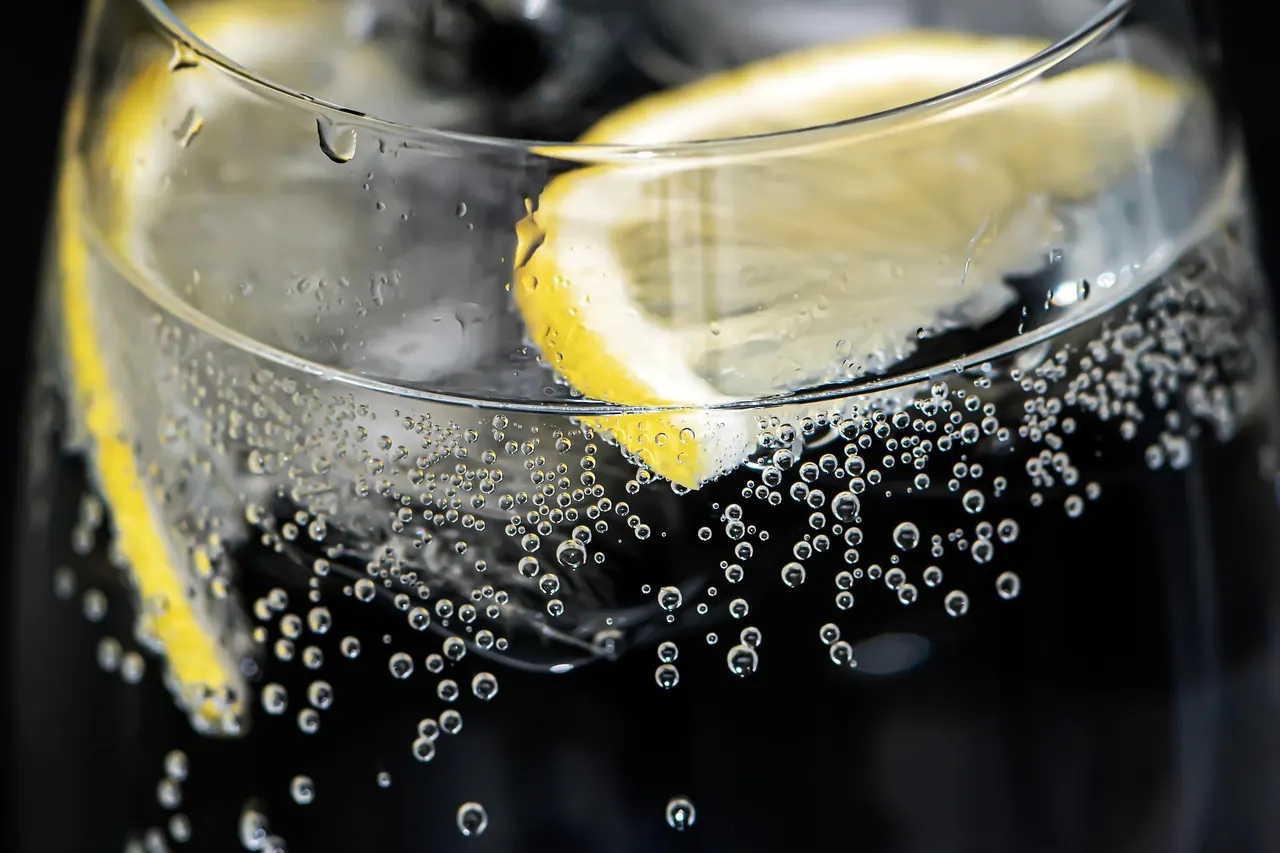 bubbles, lemon, slice of lemon, citrus, refreshment, water bubbles, ice cubes, cold drink, fresh lemonade, bubbling water, sparks of water, cocktail, gin and tonic, party, celebrat